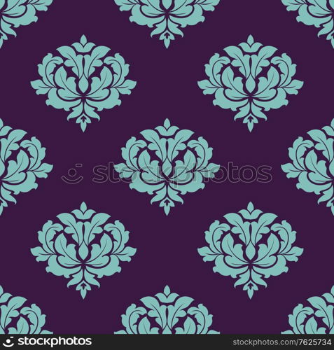 Turquoise colored floral seamless pattern in damask style motifs suitable for wallpaper, tiles and fabric design isolated on dark crimson colored background