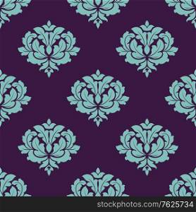 Turquoise colored floral seamless pattern in damask style motifs suitable for wallpaper, tiles and fabric design isolated on dark crimson colored background