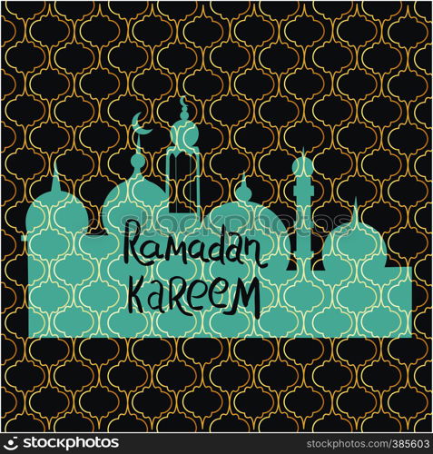 Turquoise Mosque on golden pattern background. Hand lettering Ramadan Kareem for holy celebration. Flat style vector.. Turquoise Mosque on golden pattern.