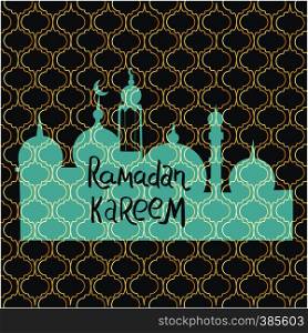 Turquoise Mosque on golden pattern background. Hand lettering Ramadan Kareem for holy celebration. Flat style vector.. Turquoise Mosque on golden pattern.