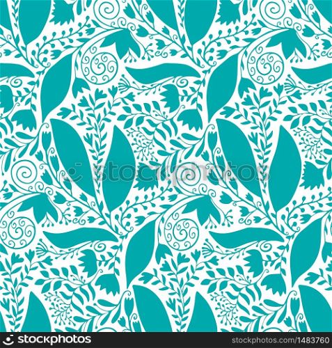 Turquoise pattern with silhouette floral ornament. Seamless background in vector. Boho flower texture for textile design. Turquoise pattern with silhouette floral ornament. Seamless background in vector. Boho flower texture for textile design.