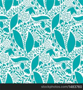 Turquoise pattern with silhouette floral ornament. Seamless background in vector. Boho flower texture for textile design. Turquoise pattern with silhouette floral ornament. Seamless background in vector. Boho flower texture for textile design.