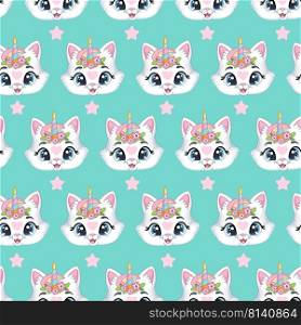 Turquoise seamless pattern cute kitty unicorn heads. Cartoon vector illustration. Girlish print for textiles, fabrics, wallpapers, design, linen, decor, bed linen, packaging and kids apparel. Seamless pattern cute kitty unicorn head vector illustration