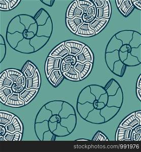 Turquoise shells seamless pattern. Background with spiral ornament. Seashells pattern for textile design. Wallpaper print. Turquoise shells seamless pattern. Background with spiral ornament. Seashells pattern for textile design. Wallpaper print.