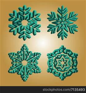 Turquoise snowflakes. Winter christmas snow flake crystal element. Weather illustration ice collection. Xmas frost flat isolated silhouette symbol on gold gradient background.. Turquoise snowflakes. Winter christmas snow flake crystal element. Weather illustration ice collection.