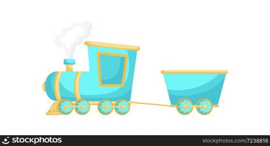 Turquoise-yellow cartoon train for children isolated on white background, colorful train in flat style, simple design. Flat cartoon colorful vector illustration.
