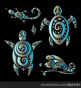 Turtle and Lizards. Polynesian tattoo style. . Turtle and Lizards. Tribal pattern. Polynesian tattoo style Vector illustration.