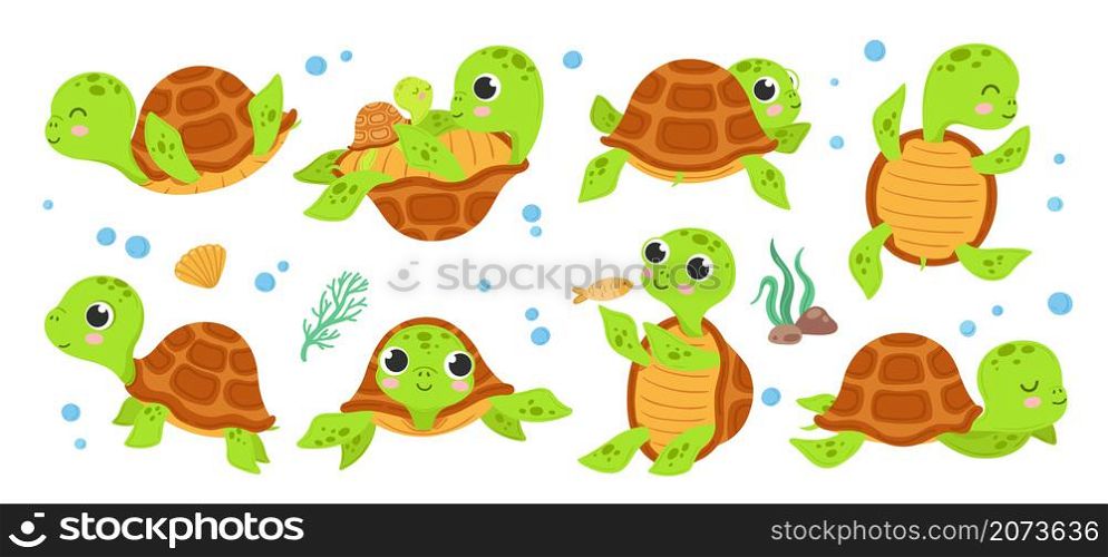 Turtle characters. Cartoon tortoise, smile turtles running. Isolated cute animal walking, flat green comic funny wildlife exact vector collection. Illustration character turtle and tortoise animal. Turtle characters. Cartoon tortoise, smile turtles running. Isolated cute animal walking, flat green comic funny wildlife exact vector collection
