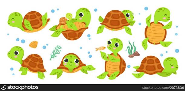 Turtle characters. Cartoon tortoise, smile turtles running. Isolated cute animal walking, flat green comic funny wildlife exact vector collection. Illustration character turtle and tortoise animal. Turtle characters. Cartoon tortoise, smile turtles running. Isolated cute animal walking, flat green comic funny wildlife exact vector collection