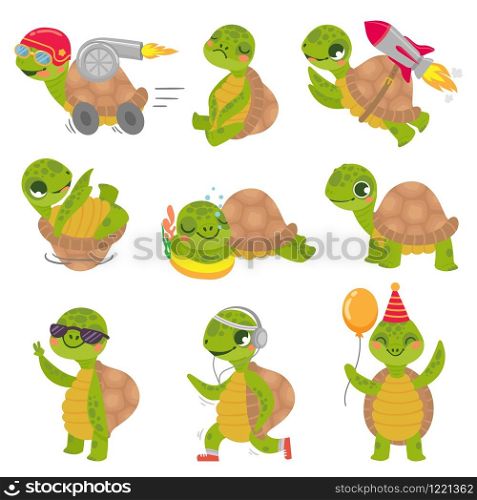 Turtle child. Cute little green turtles mascot, fast rocket tortoise and sleeping turtle vector illustration set. Collection of funny baby reptiles or reptilians. Bundle of happy wild exotic animals.. Turtle child. Cute little green turtles mascot, fast rocket tortoise and sleeping turtle vector illustration set
