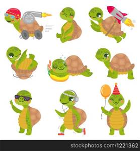 Turtle child. Cute little green turtles mascot, fast rocket tortoise and sleeping turtle vector illustration set. Collection of funny baby reptiles or reptilians. Bundle of happy wild exotic animals.. Turtle child. Cute little green turtles mascot, fast rocket tortoise and sleeping turtle vector illustration set