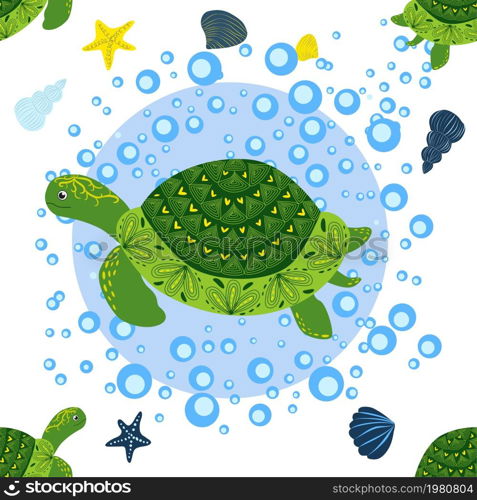 Turtle green seamless pattern, beautiful character among seashells, seaweed, starfish, sea animals wildlife nature. Nature underwater, marine wild fish in the ocean zoo. Turtle green seamless pattern, beautiful character among seashells, seaweed, starfish, sea animals wildlife nature. Nature underwater, marine wild fish in the ocean zoo.