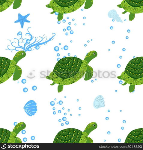 Turtle green seamless pattern, beautiful character among seashells, seaweed, starfish, sea animals wildlife nature. Nature underwater, marine wild fish in the ocean zoo. Turtle green seamless pattern, beautiful character among seashells, seaweed, starfish, sea animals wildlife nature. Nature underwater, marine wild fish in the ocean zoo.