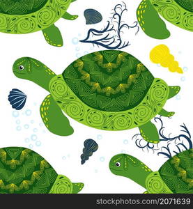 Turtle green seamless pattern, beautiful character among seashells, seaweed, starfish, sea animals wildlife nature. Nature underwater, marine wild fish in the ocean zoo. Turtle green seamless pattern, beautiful character among seashells, seaweed, starfish, sea animals wildlife nature. Nature underwater, marine wild fish in the ocean zoo.