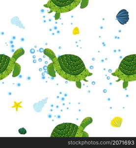 Turtle green seamless pattern, beautiful character among seashells, seaweed, starfish, sea animals wildlife nature. Nature underwater, marine wild fish in the ocean zoo. Turtle green seamless pattern, beautiful character among seashells, seaweed, starfish, sea animals wildlife nature. Nature underwater, marine wild fish in the ocean zoo.