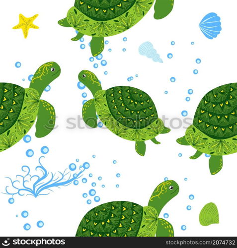 Turtle green seamless pattern, beautiful character among seashells, seaweed, starfish, sea animals wildlife nature. Nature underwater, marine wild fish in the ocean zoo. Turtle green seamless pattern, beautiful character among seashells, seaweed, starfish, sea animals wildlife nature. Nature underwater, marine wild fish in the ocean zoo.