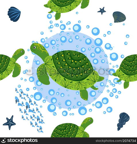 Turtle green seamless pattern, beautiful character among seashells, seaweed, starfish, sea animals wildlife nature. Nature underwater, marine wild fish in the ocean zoo. Turtle green seamless pattern, beautiful character among seashells, seaweed, starfish, sea animals wildlife nature. Nature underwater, marine wild fish in the ocean zoo.