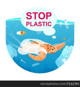 Turtle in ocean with plastic waste flat concept icon. Sea water pollution. Marine animal trapped in disposable packages sticker, clipart. Isolated cartoon illustration on white background. Turtle in ocean with plastic waste flat concept icon