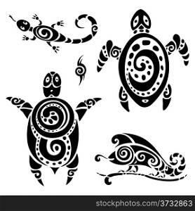 Turtle. Polynesian tattoo. Tribal pattern set. Vector illustration.