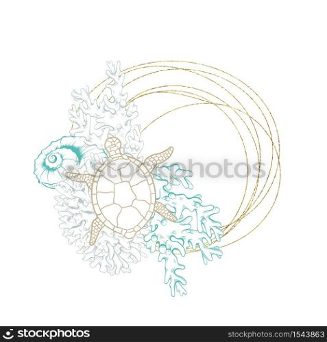 Turtle sketch in gold geometric crystal line frame, vector arrangement design. Ocean seashell and coral engraving in golden border with foil texture, marine underwater design in hand drawn hatching. Marine wreath, seashell, turtle gold line art