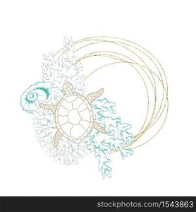 Turtle sketch in gold geometric crystal line frame, vector arrangement design. Ocean seashell and coral engraving in golden border with foil texture, marine underwater design in hand drawn hatching. Marine wreath, seashell, turtle gold line art