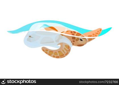 Turtle trapped in plastic garbage flat concept icon. Sea water pollution problem. Marine animal and waste in ocean sticker, clipart. Isolated cartoon illustration on white background. Turtle trapped in plastic garbage flat concept icon