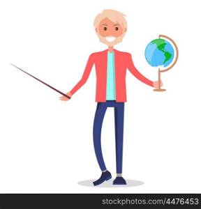 Tutor Holding Globe and Pointer Isolated on White. Tutor holding globe and pointer isolated on white vector colorful illustration in graphic design. Male person ready for geography lesson
