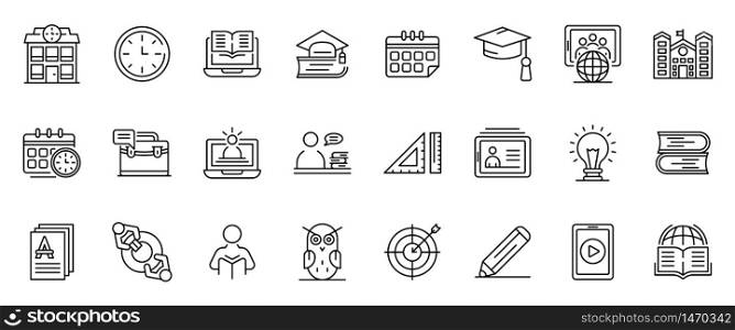 Tutor icons set. Outline set of tutor vector icons for web design isolated on white background. Tutor icons set, outline style
