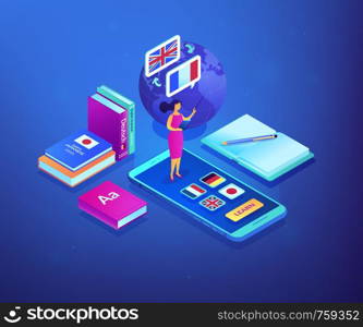 Tutor standing on smartphone and teaching foreign languages. Online language school, recorded digital class, online language tutor concept. Ultraviolet neon vector isometric 3D illustration.. Online language school isometric 3D concept illustration.