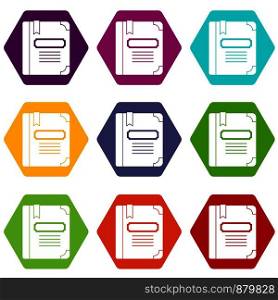 Tutorial with bookmark icon set many color hexahedron isolated on white vector illustration. Tutorial with bookmark icon set color hexahedron