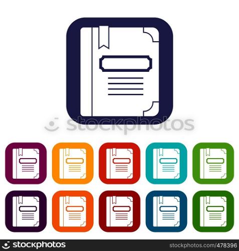 Tutorial with bookmark icons set vector illustration in flat style in colors red, blue, green, and other. Tutorial with bookmark icons set