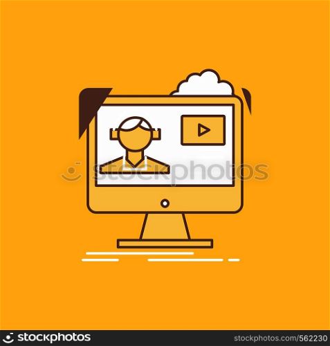 tutorials, video, media, online, education Flat Line Filled Icon. Beautiful Logo button over yellow background for UI and UX, website or mobile application. Vector EPS10 Abstract Template background