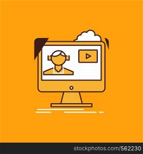 tutorials, video, media, online, education Flat Line Filled Icon. Beautiful Logo button over yellow background for UI and UX, website or mobile application. Vector EPS10 Abstract Template background