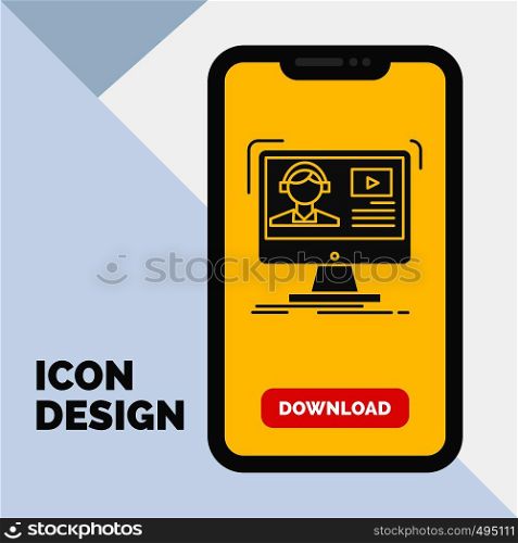 tutorials, video, media, online, education Glyph Icon in Mobile for Download Page. Yellow Background. Vector EPS10 Abstract Template background