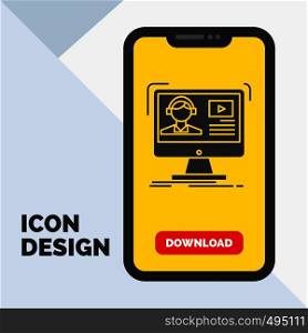 tutorials, video, media, online, education Glyph Icon in Mobile for Download Page. Yellow Background. Vector EPS10 Abstract Template background