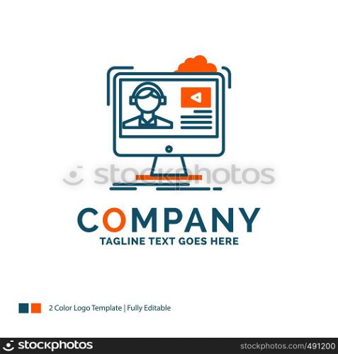 tutorials, video, media, online, education Logo Design. Blue and Orange Brand Name Design. Place for Tagline. Business Logo template.