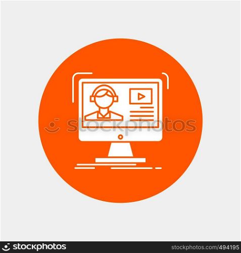 tutorials, video, media, online, education White Glyph Icon in Circle. Vector Button illustration. Vector EPS10 Abstract Template background