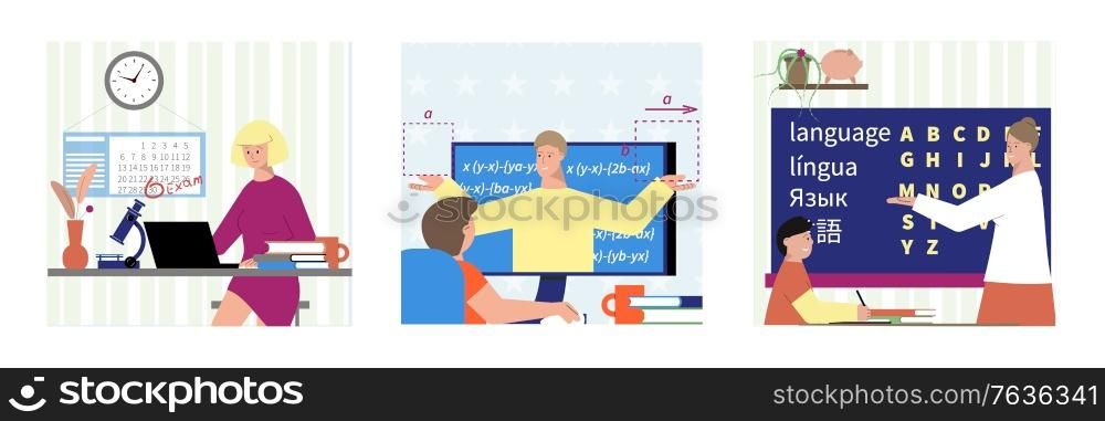 Tutoring set of three square compositions with flat characters of students and remote teachers with classroom vector illustration
