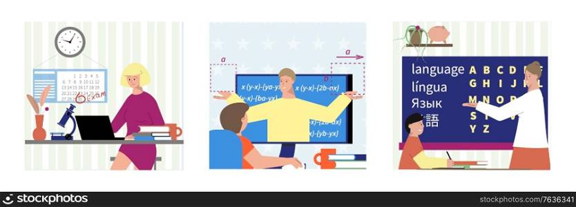 Tutoring set of three square compositions with flat characters of students and remote teachers with classroom vector illustration