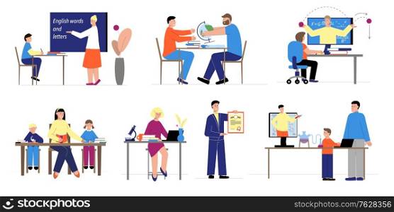 Tutoring set with flat compositions of people at desks and computers during education process remote learning vector illustration