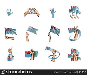 Tuvalu flag and hand on white background. Vector illustration.. Tuvalu flag and hand on white background. Vector illustration