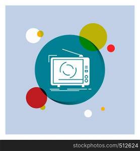 tv, ad, advertising, television, set White Glyph Icon colorful Circle Background. Vector EPS10 Abstract Template background