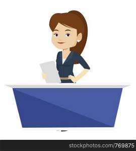 TV anchorwoman working at studio. Caucasian television anchorwoman at studio during live broadcasting. Tv anchorwoman reporting the news. Vector flat design illustration isolated on white background.. Television anchorwoman at studio.