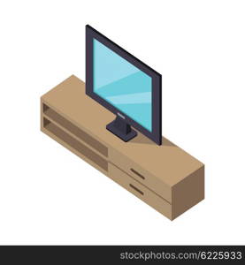 TV and cabinet under. Isometric design. Television on modern furniture cabinet isolated white bakcground, flat screen watching tv icon, 3d isometric interior furniture for plasma. Vector illustration