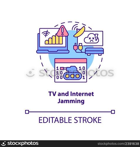 TV and internet jamming concept icon. Form of information warfare abstract idea thin line illustration. Isolated outline drawing. Editable stroke. Arial, Myriad Pro-Bold fonts used. TV and internet jamming concept icon