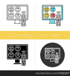 TV channel rating survey icon. Emotional opinion. Consumer review. Social research. Customer satisfaction. Feedback. Glyph design, linear, chalk and color styles. Isolated vector illustrations