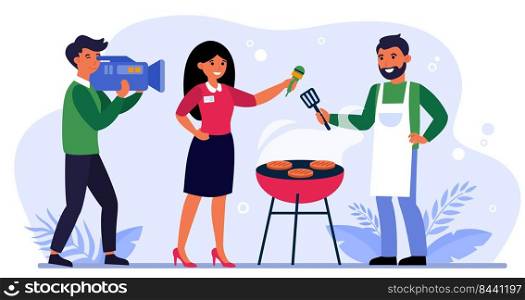 TV crew shooting footage about barbecue restaurant. Reporter having interview with man grilling meat flat vector illustration. Barbeque party concept for banner, website design or landing web page