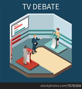 TV debate isometric background with tv presenter two political competitors at tribunes and screen with rating vector Illustration