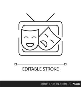 TV drama linear icon. Theatrical performance translation on display. Comedy acting. Thin line customizable illustration. Contour symbol. Vector isolated outline drawing. Editable stroke. TV drama linear icon