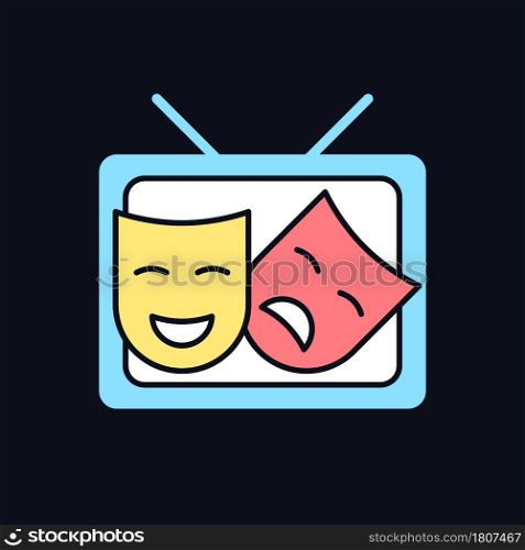 TV drama RGB color icon for dark theme. Theatrical performance translation on display. Comedy acting. Isolated vector illustration on night mode background. Simple filled line drawing on black. TV drama RGB color icon for dark theme